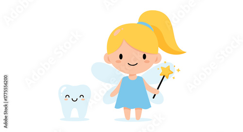 Adorable tooth fairy with sparkling wand visits happy little tooth, bringing magic and smiles to children's dental care adventures