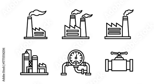 Captivating industrial icons showcase modern factories, gauges, and valves for innovation and production concepts