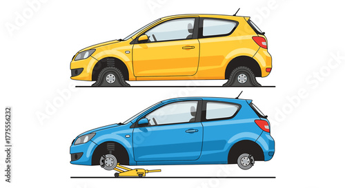 Two cars, one with flat tires and another being lifted by a jack for tire change, illustrating car maintenance and repair needs.