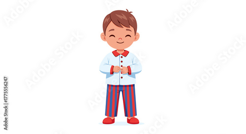 Joyful cartoon boy in striped pajamas standing happily, ready for bedtime adventures and sweet dreams