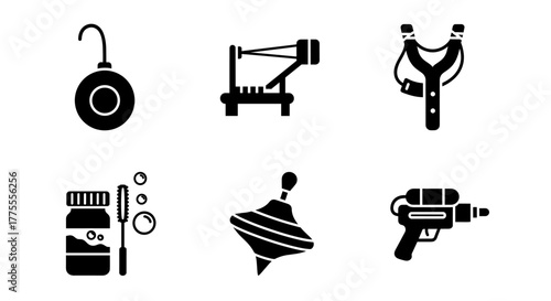 Discover playful retro toys like a spinning top, bubble shooter, and classic slingshot perfect for nostalgic fun and creative projects.