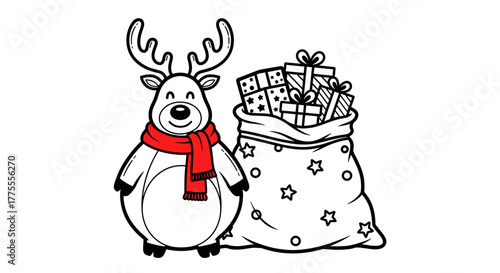 Festive reindeer with a red scarf beside a sack overflowing with beautifully wrapped Christmas presents, perfect for holiday designs.
