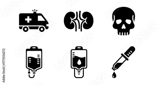 Modern medical icons including ambulance, kidneys, skull, IV bags, and dropper symbolize healthcare, life, and science advancements.