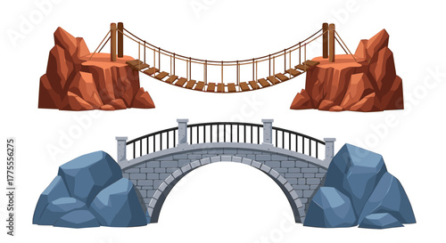 Stunning suspension bridge and elegant stone arch bridge connect rocky landscapes for adventure and journey visuals
