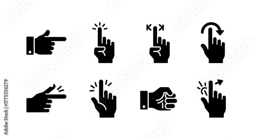 Modern touch gestures collection for digital interfaces, showing tap, swipe, pinch, and rotate actions for intuitive user experience