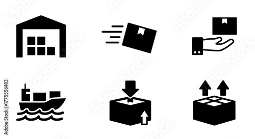 Dynamic logistics icons showcase warehouse, shipping, delivery, and package handling for seamless global supply chain operations.