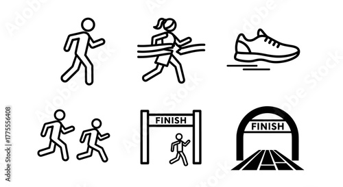 Dynamic icons capture the thrill of reaching the finish line in a race, celebrating athletic achievement and victory.