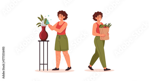 Happy woman tending to a plant and carrying groceries, embracing a healthy and vibrant lifestyle