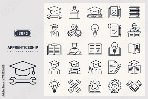 Apprenticeship Program Icons Representing Education, Skill Development, and Trade Mastery white background.