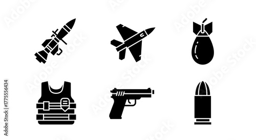 Discover powerful icons for defense, military, and security themes, featuring fighter jets, rockets, bombs, vests, and firearms for impactful designs.