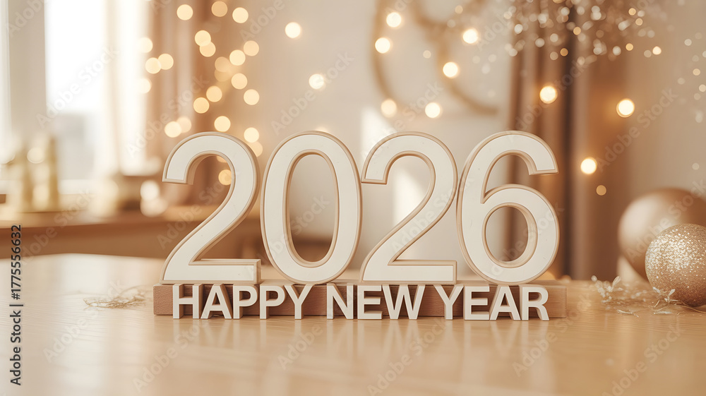 Naklejka premium Bright 2026 Happy New Year Sign with Warm Lights