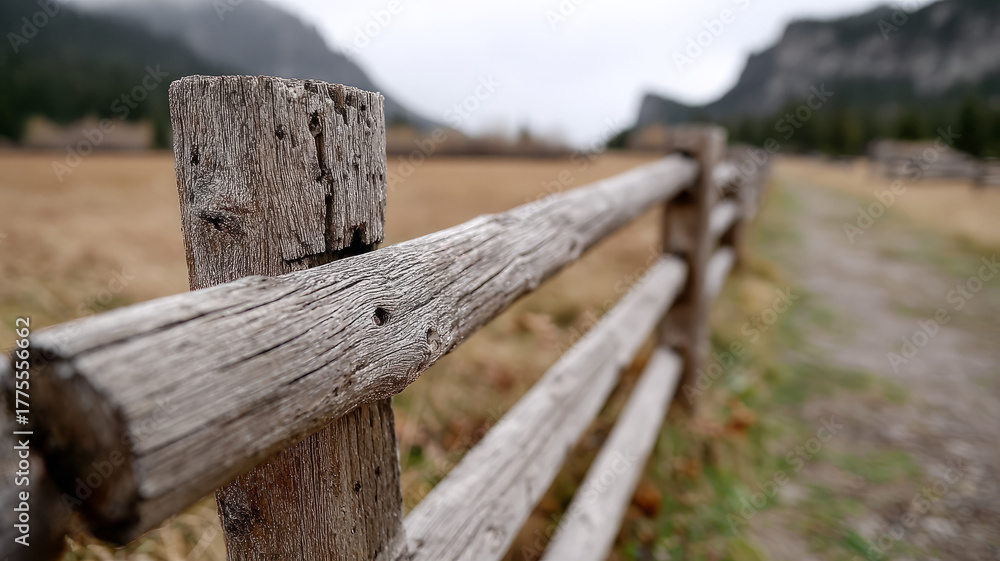 Fototapeta premium Rustic wooden fence in a scenic countryside landscape