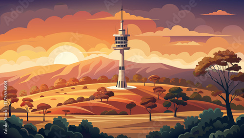 Very beautiful Telstra Tower in the distance under an orange sunset sky in Canberra, Australia, surrounded by rolling hills and warm evening light over the tranquil landscape.