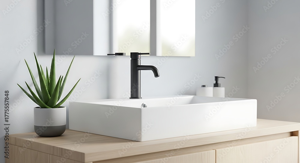 Fototapeta premium Minimalist Bathroom Sink with Black Faucet and Green Plant