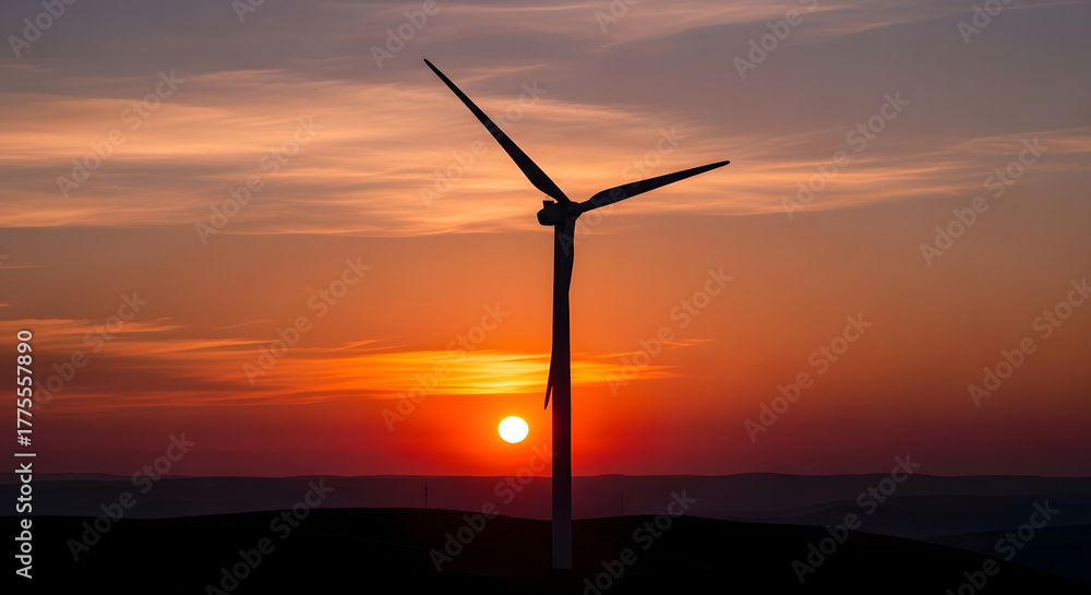 Obraz premium Silhouette of a wind turbine against a vibrant sunset sky