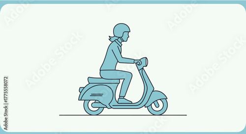 Illustration of a person riding a scooter on a light blue background with a subtle border