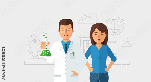 Male scientist in a lab coat holds a flask with green liquid, standing with a female, representing scientific research, collaboration, and health innovation