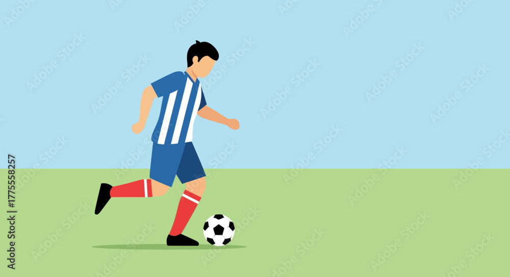 Obraz premium A dynamic illustration of a soccer player in action, skillfully dribbling a ball on a vibrant green field under a clear blue sky, showcasing athletic prowess and the spirit of the game