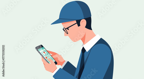 Young man wearing glasses and a cap, engrossed in his smartphone's GPS application
