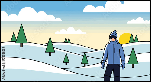 Winter adventure illustration a person in warm clothing stands on a snowy hill surrounded by evergreen trees under a bright sun and blue sky, symbolizing outdoor leisure and activity