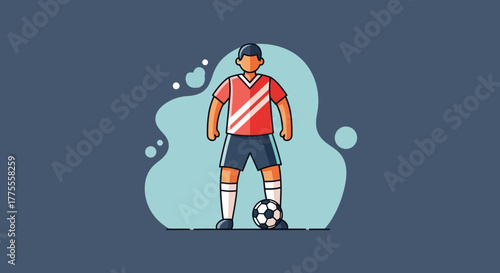 Soccer player in uniform standing with a soccer ball at his feet, vector illustration on a blue background with abstract shapes