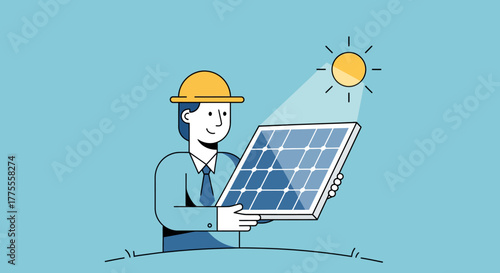 A person in a hard hat holding a solar panel, with the sun shining on it, illustrating renewable energy and sustainability