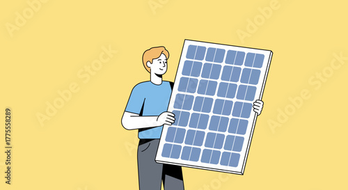 Illustration of a person holding a solar panel, symbolizing renewable energy and sustainability