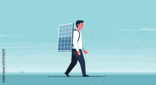 An innovative man carrying a portable solar panel as a backpack, symbolizing personal renewable energy and sustainable technology for a greener future