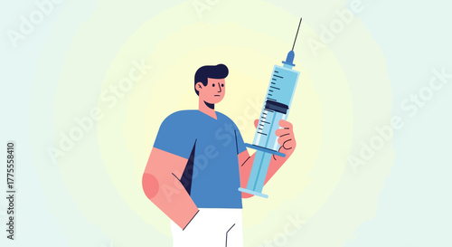 Man holding a large syringe, symbolizing vaccination, medicine, and healthcare