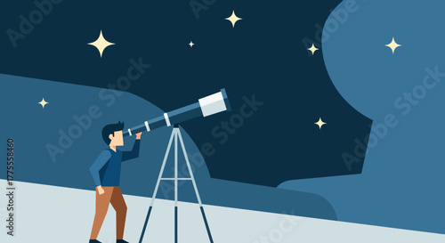 Man with telescope observing stars in the night sky, concept of astronomy and exploration