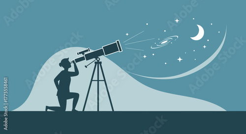 Silhouette illustration of an astronomer observing the night sky, looking at a distant galaxy, stars, and the moon through a telescope, representing curiosity and discovery