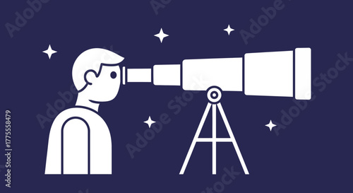 Simple line art icon of an astronomer observing the stars and galaxy through a telescope, symbolizing science, discovery, and curiosity