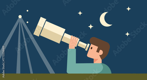 Observing the Cosmos A Cartoon Illustration of a Person Stargazing with a Telescope at Night