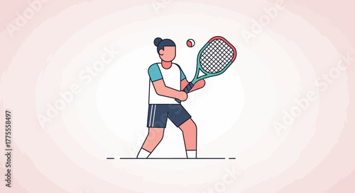Female tennis player preparing to hit a ball with a racket in an illustration on a light background