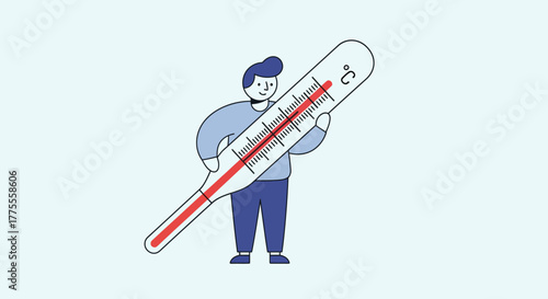 A cartoon individual holding a large thermometer indicating a high temperature, embodying the concept of fever, illness, health monitoring, and the universal experience of feeling unwell