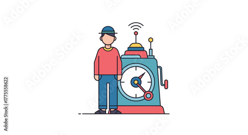 Flat line art illustration of a man inventor standing proudly next to his retro-futuristic time machine, ready for a journey through time