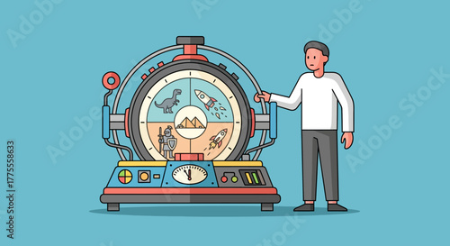 A man selects a journey through history on a futuristic time machine, choosing between dinosaurs, pyramids, knights, and space travel