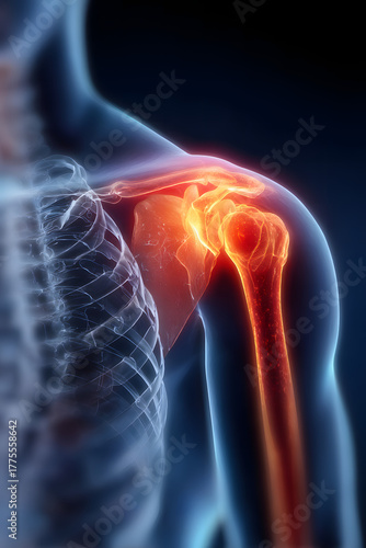Shoulder Pain: An illuminated view highlights a shoulder joint afflicted by acute pain, conveying the intensity of discomfort and the intricacies of the human skeletal structure.
