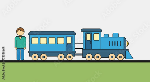 Illustration of a Person Standing Near a Blue Toy Train on a Green Surface