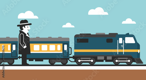 Vintage man in hat and trench coat waiting by a retro train on a platform, illustration