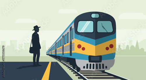 Vector illustration of a lone traveler with a hat waiting for a passenger train at a station, representing the concept of a journey and modern public transport