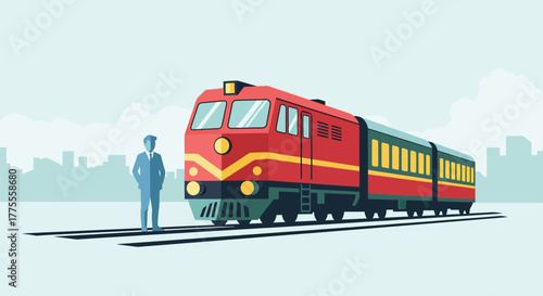 Illustration of a modern red passenger train on a railway with a businessman standing nearby, symbolizing travel and transportation concepts
