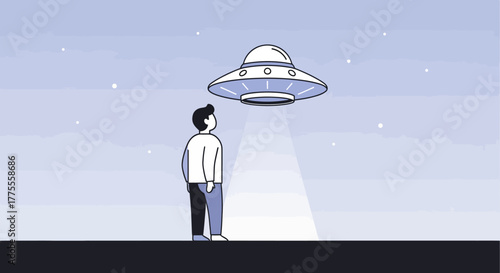 An inquisitive individual stands gazing upwards at a brightly illuminated, hovering alien spacecraft, experiencing an otherworldly encounter under a starry night sky