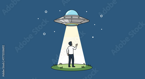Alien encounter A person is beamed up by a flying saucer, in a cartoon style