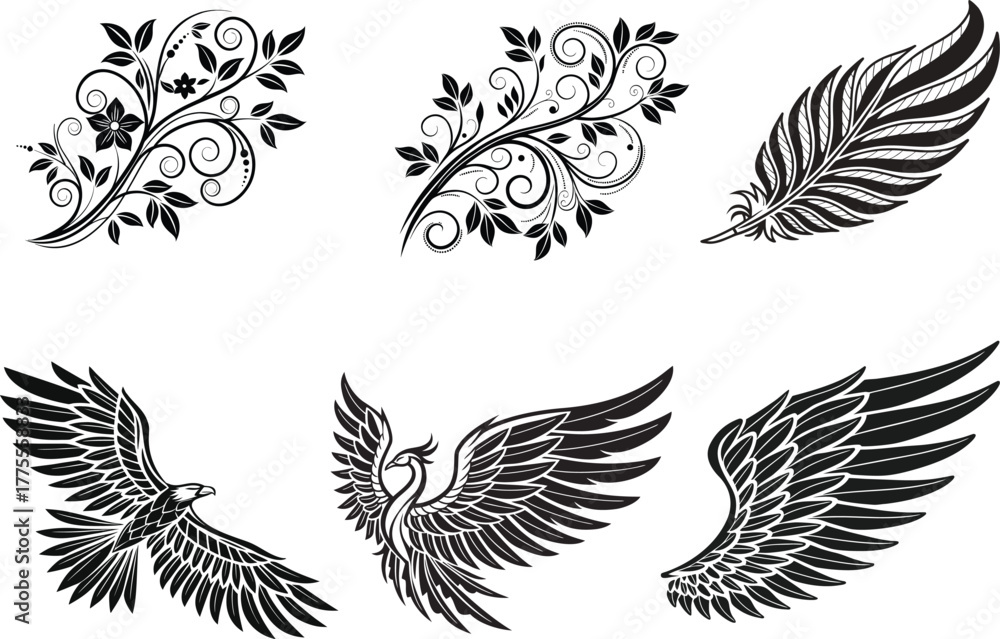 Fototapeta premium Collection of ornately designed wing and floral silhouettes