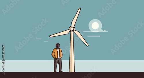 Man Contemplating a Wind Turbine Sustainable Energy and Renewable Power Generation Concept