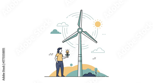 Person with a bright idea beside a wind turbine, illustrating innovation in renewable energy, sustainable power generation, and environmental responsibility for a greener future