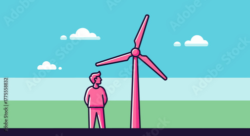 Vector illustration of a man observing a wind turbine, representing the future of clean, renewable power and sustainable technology