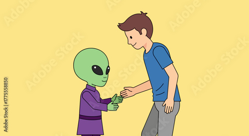 A friendly interaction between a human man and a small green alien exchanging an object, representing first contact and interspecies cooperation
