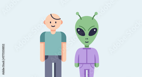 Human man and a friendly green alien character standing together, representing first contact and interstellar friendship. Flat vector illustration